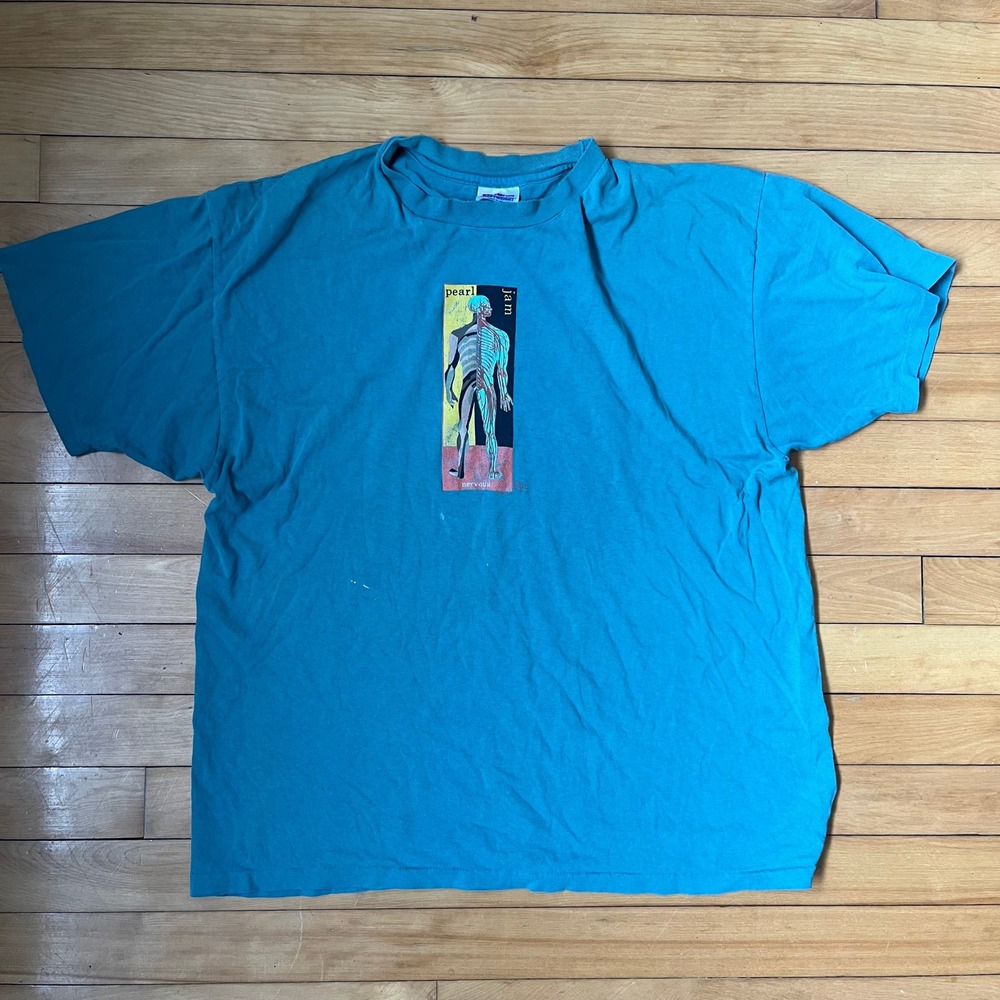 Vintage Pearl Jam Nervous T-Shirt 90s Grunge Single Stitch Teal Blue XL Boxy